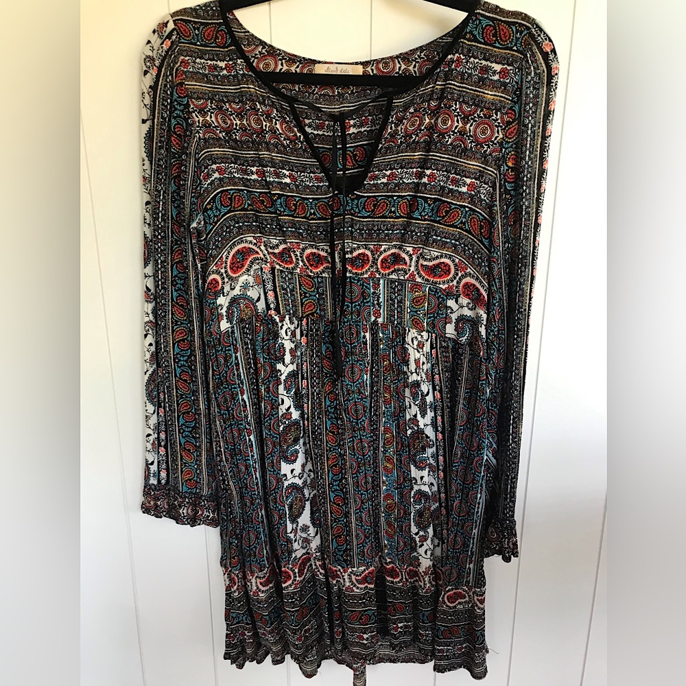 Altar’d State long sleeve short boho women’s dress, multi color patterned dress